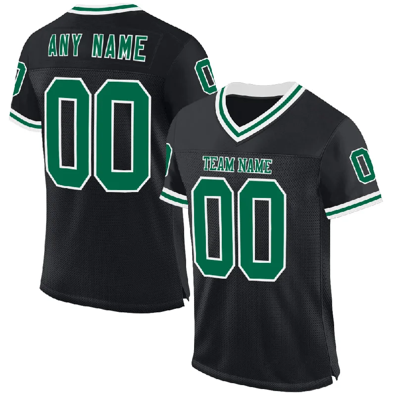 Football Jersey With 3D Embroidery-Custom Black Kelly Green-White Mesh Authentic Throwback Football Jersey