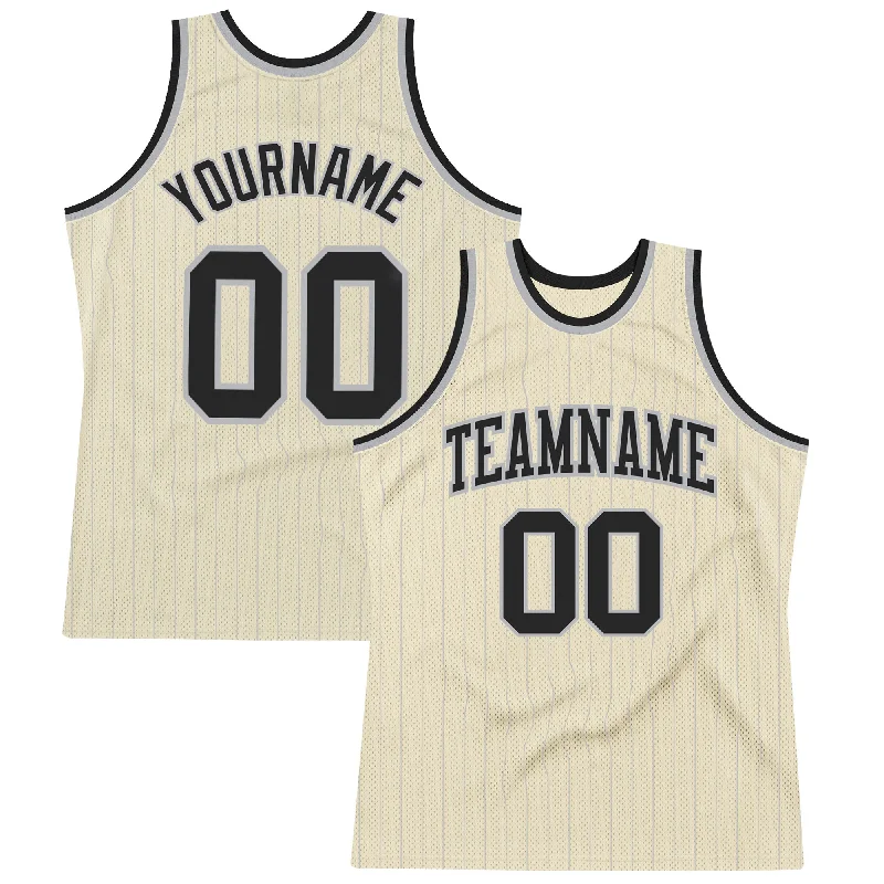 Basketball Jersey With Team Logo-Custom Cream Gray Pinstripe Black Authentic Basketball Jersey