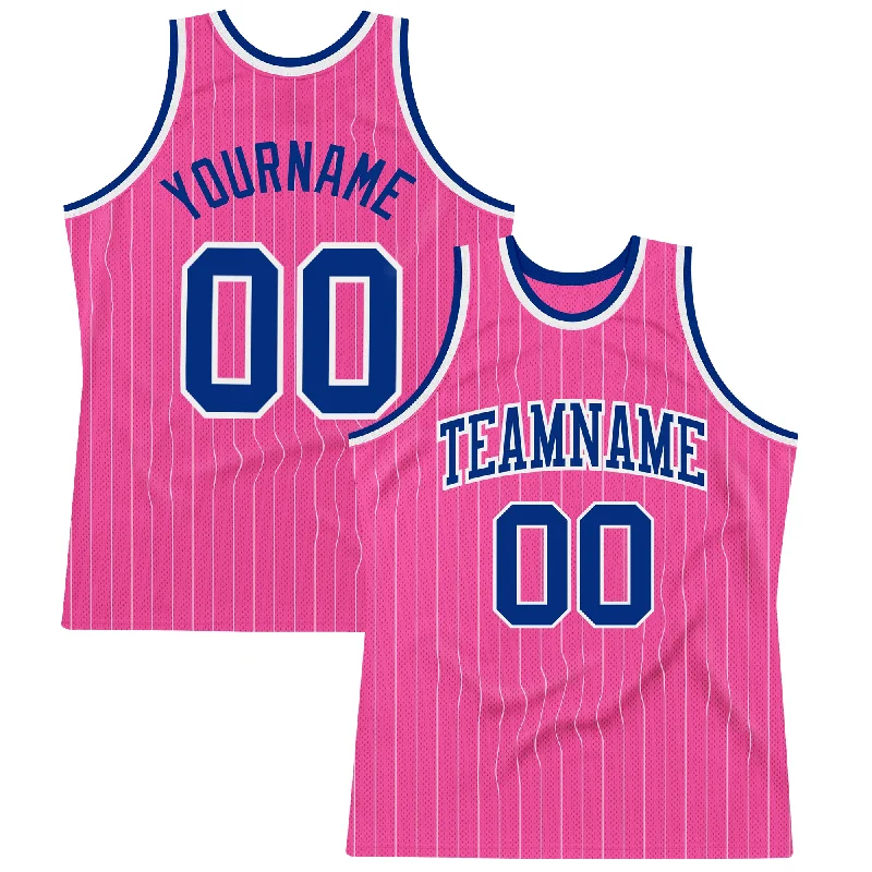 Basketball Jersey With Bold Graphic Print-Custom Pink White Pinstripe Royal-White Authentic Basketball Jersey