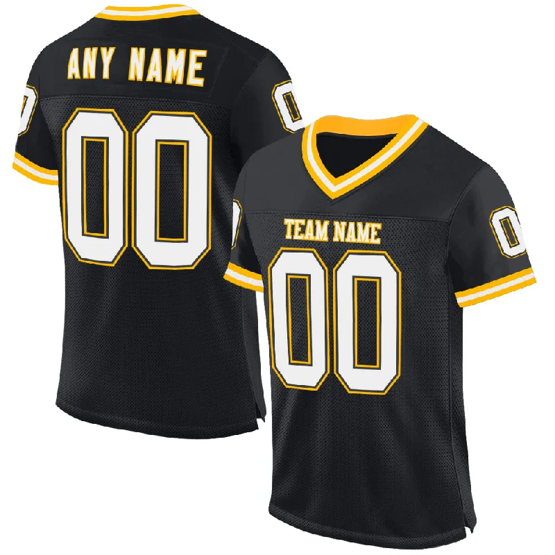 Football Jersey With Limited Edition Design-Custom Black White-Gold Mesh Authentic Throwback Football Jersey