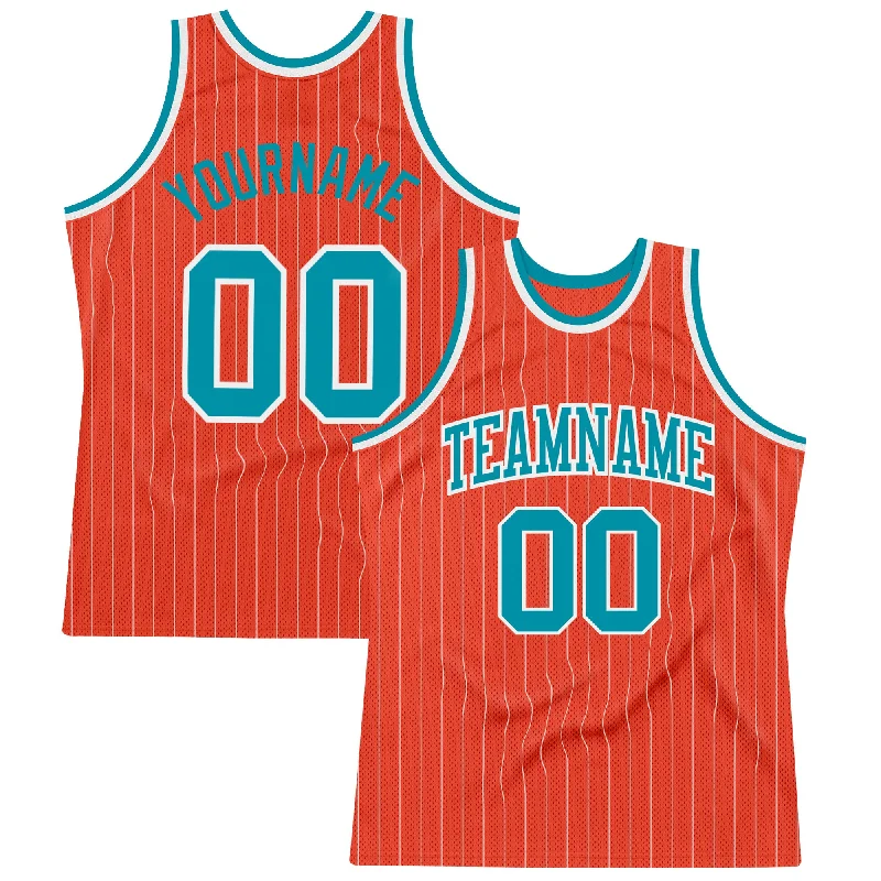 Basketball Jersey With Vintage Look-Custom Orange White Pinstripe Teal Authentic Basketball Jersey