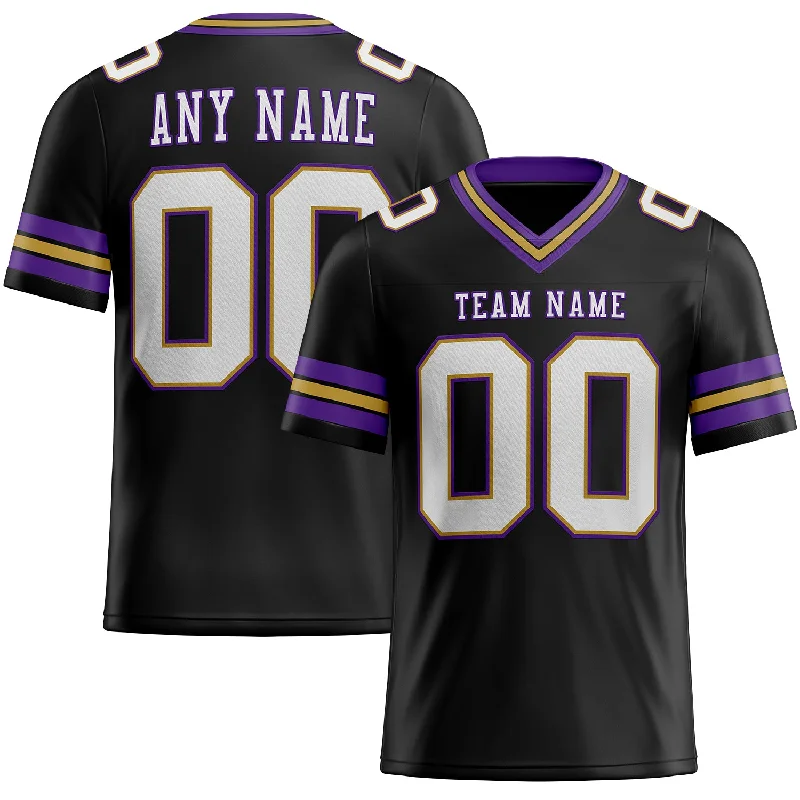 Football Jersey With Puffy Print-Custom Black White Old Gold-Purple Mesh Authentic Football Jersey