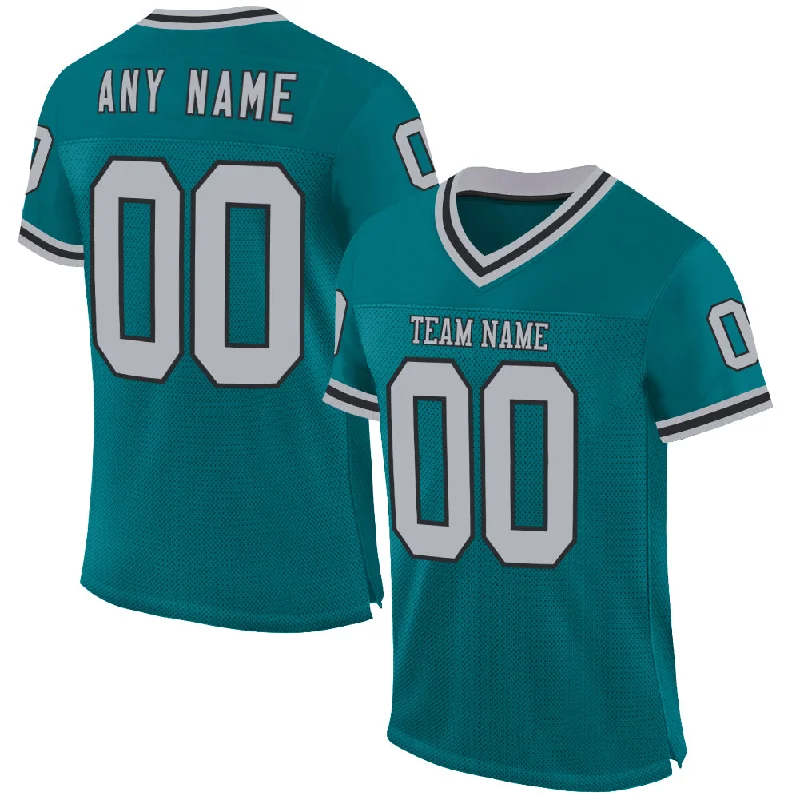 Football Jersey With Player Nicknames-Custom Teal Gray-Black Mesh Authentic Throwback Football Jersey