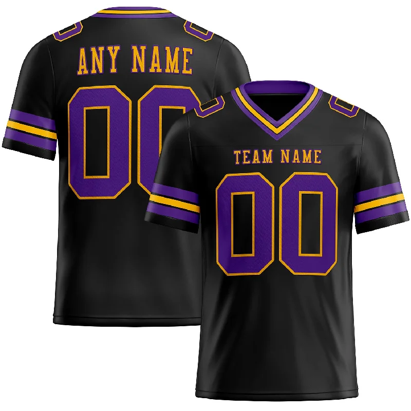 Football Jersey With Satin Finish-Custom Black Purple-Gold Mesh Authentic Football Jersey