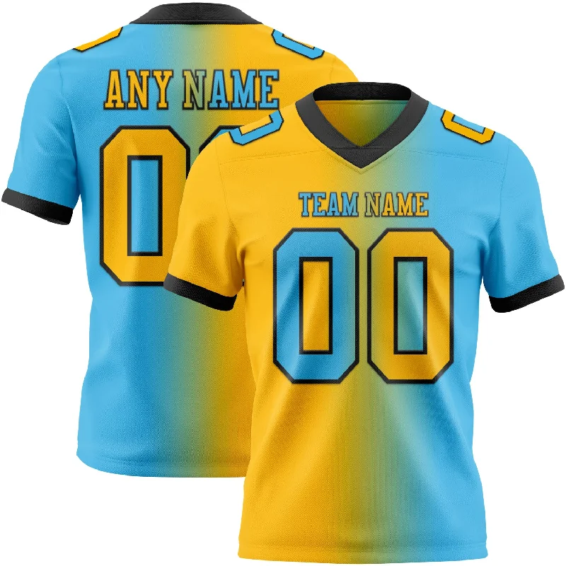 Football Jersey With Player Tribute-Custom Sky Blue Gold-Black Mesh Authentic Gradient Fashion Football Jersey