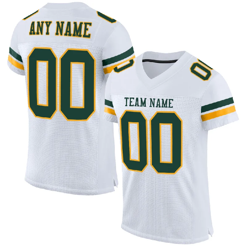 Football Jersey With Compression Layer-Custom White Green-Gold Mesh Authentic Football Jersey