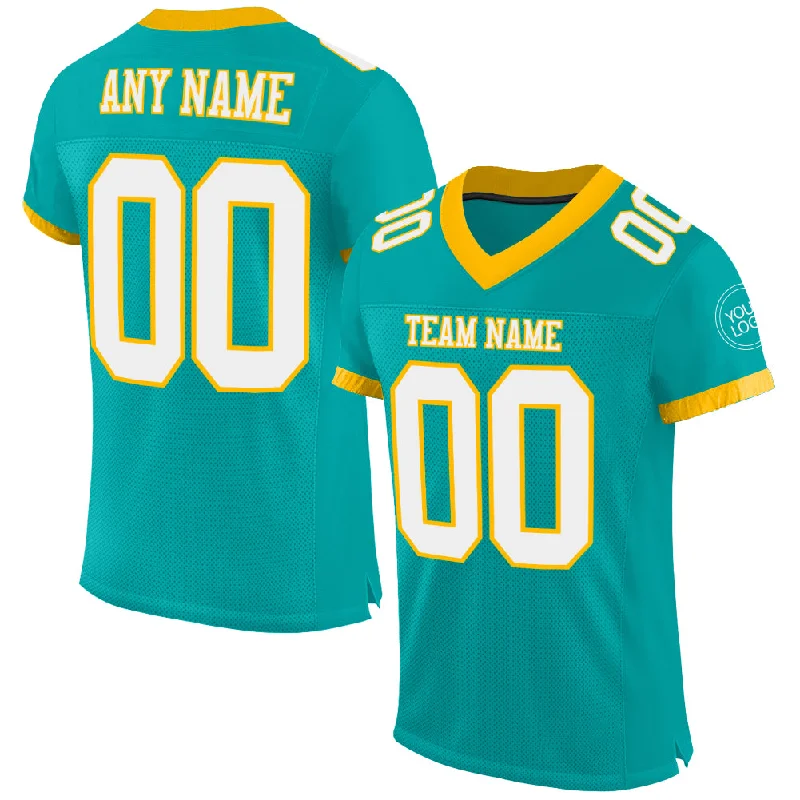 Football Jersey With Button-Up Style-Custom Aqua White-Gold Mesh Authentic Football Jersey