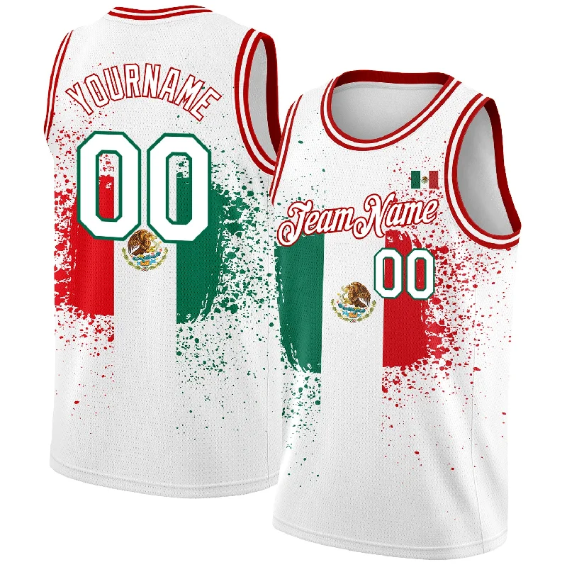 Basketball Jersey With Heat-Pressed Graphics-Custom White Kelly Green-Red 3D Mexican Flag Authentic Basketball Jersey