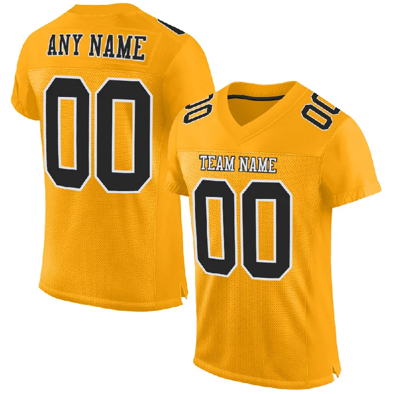 Football Jersey With Classic Pinstripes-Custom Gold Black-White Mesh Authentic Football Jersey