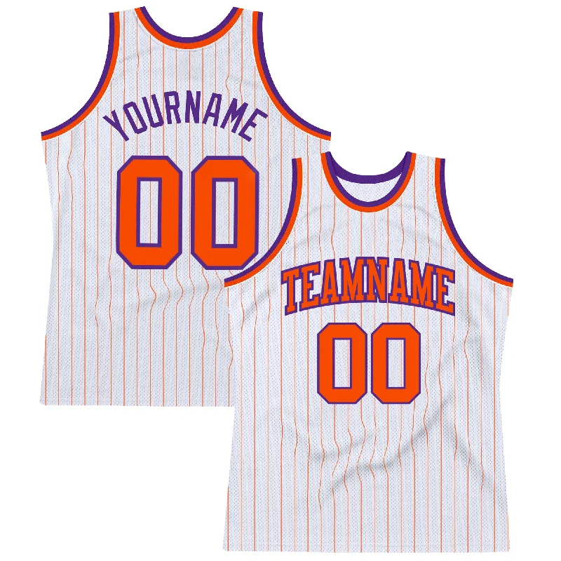 Basketball Jersey With Zip Closure-Custom White Orange Pinstripe Orange-Purple Authentic Basketball Jersey