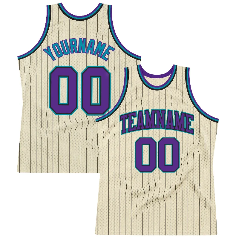 Basketball Jersey With Throwback Style-Custom Cream Black Pinstripe Purple-Teal Authentic Basketball Jersey