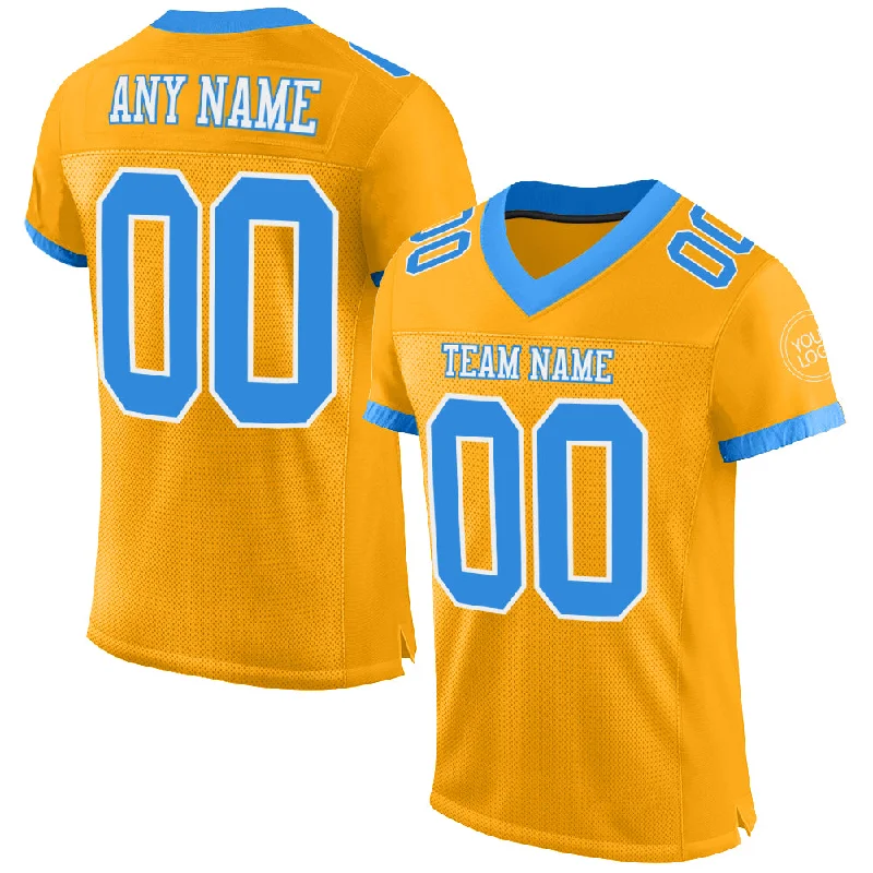 Football Jersey With Puffy Print-Custom Gold Powder Blue-White Mesh Authentic Football Jersey