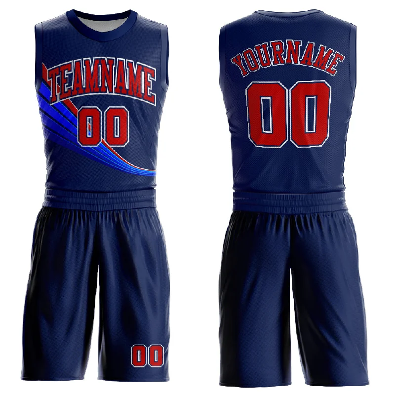 Basketball Jersey With Funny Slogans-Custom Navy Red-White Round Neck Sublimation Basketball Suit Jersey