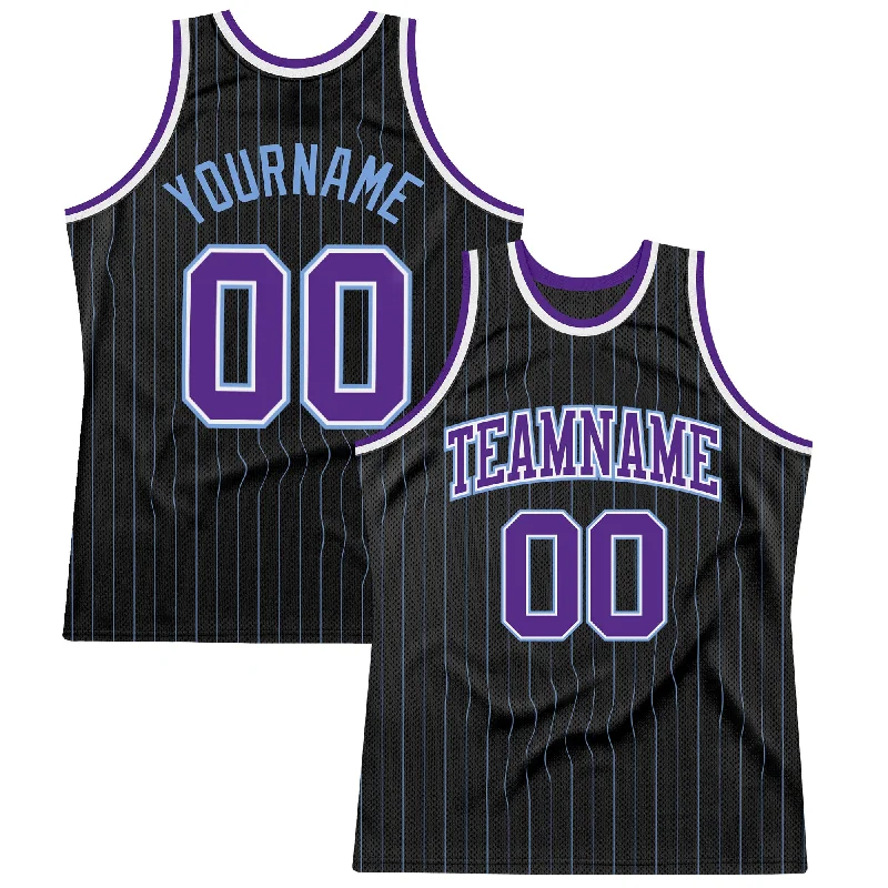 Basketball Jersey With Sleeveless Design-Custom Black Light Blue Pinstripe Purple-Light Blue Authentic Basketball Jersey