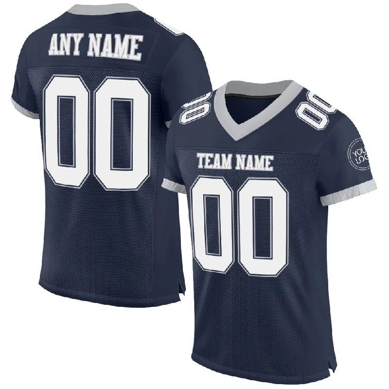 Football Jersey With Elastic Armholes-Custom Navy White-Gray Mesh Authentic Football Jersey