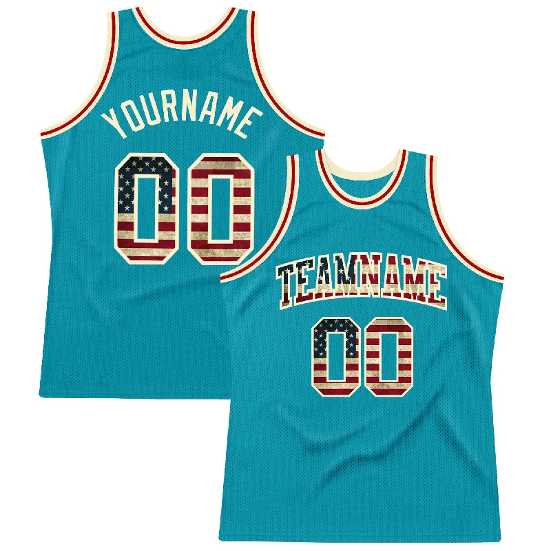 Basketball Jersey With Color Block Pattern-Custom Teal Vintage USA Flag-Cream Authentic Throwback Basketball Jersey