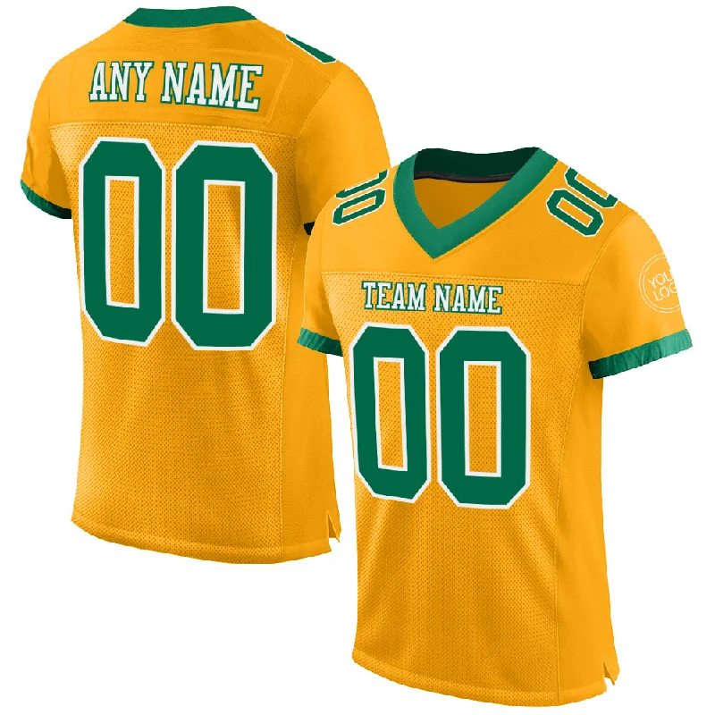 Football Jersey With Custom Font Styles-Custom Gold Kelly Green-White Mesh Authentic Football Jersey