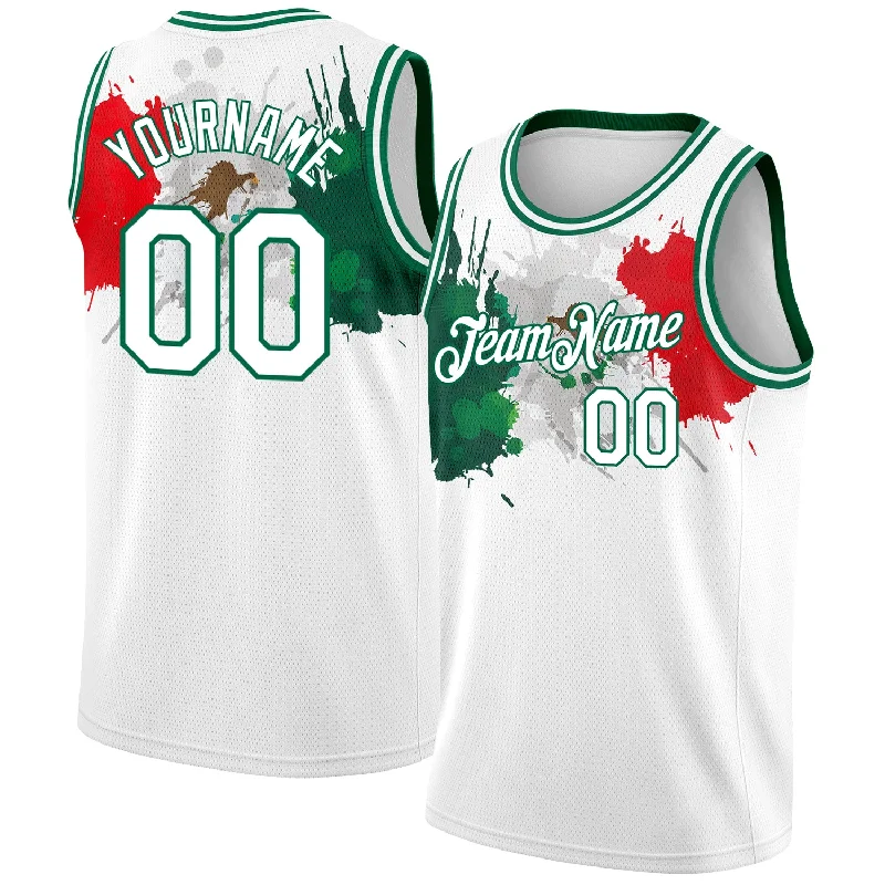 Basketball Jersey With Graffiti Design-Custom White Kelly Green-Red 3D Mexico Splashes Authentic Basketball Jersey