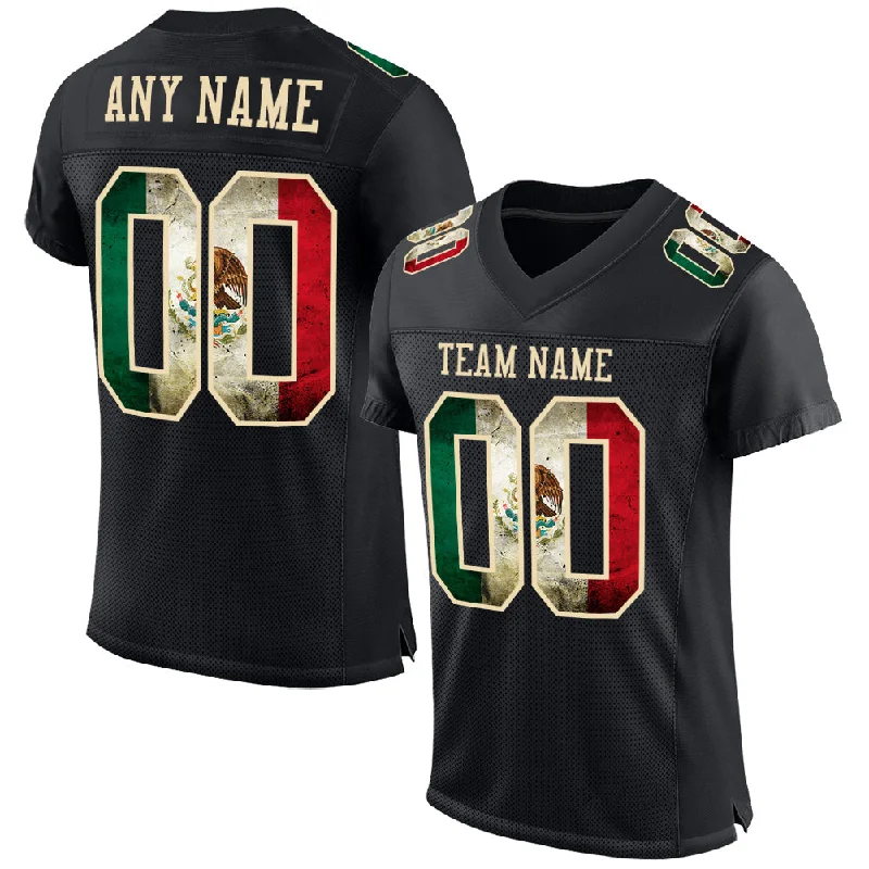 Football Jersey With Compression Fit-Custom Black Vintage Mexican Flag-City Cream Mesh Authentic Football Jersey