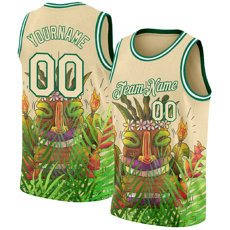 Basketball Jersey With Limited Edition Design-Custom Cream Kelly Green 3D Pattern Cartoon Tropical Hawaii Rainforest Authentic Basketball Jersey