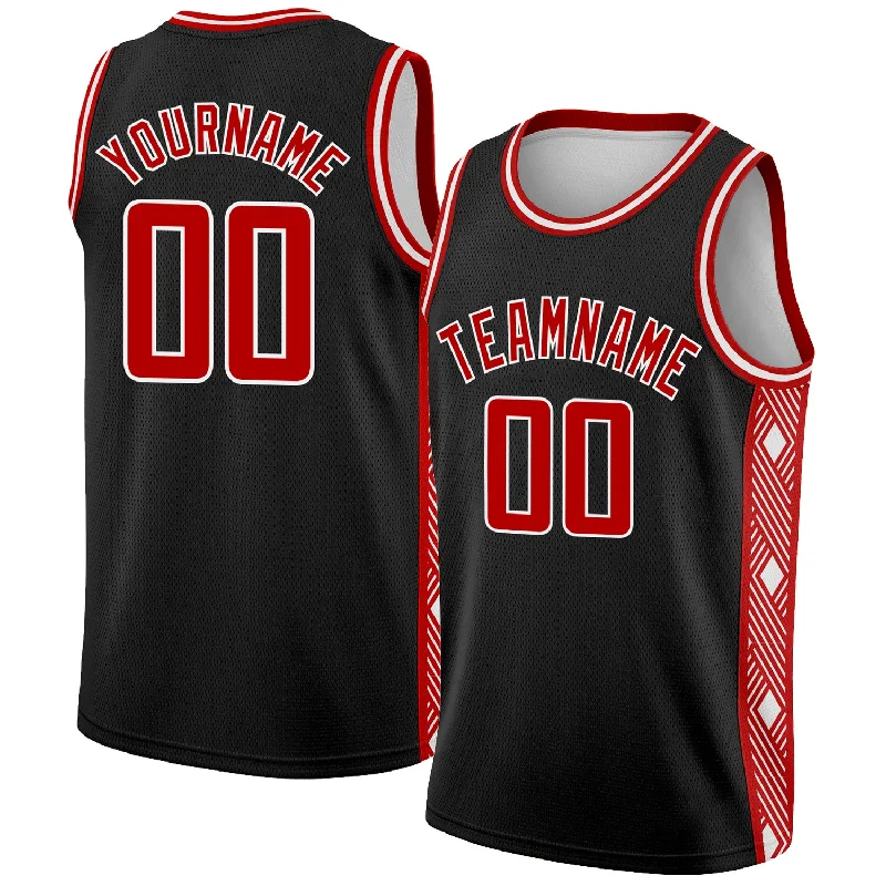 Basketball Jersey With Exclusive Branding-Custom Black Red-White Side Panel Abstract Lines Authentic City Edition Basketball Jersey