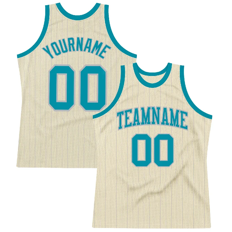 Basketball Jersey With Quick-Dry Material-Custom Cream Gray Pinstripe Teal Authentic Basketball Jersey