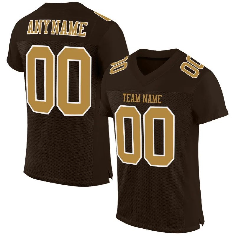 Football Jersey With Metallic Foil Details-Custom Brown Old Gold-White Mesh Authentic Football Jersey