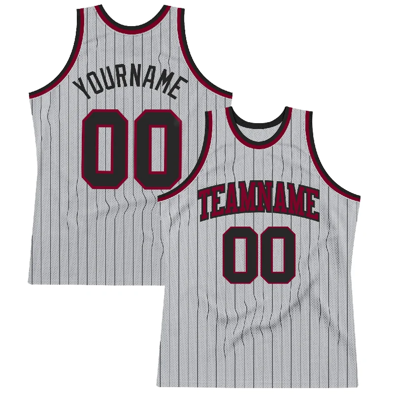 Basketball Jersey With No-Chafe Seams-Custom Gray Black Pinstripe Black-Maroon Authentic Basketball Jersey