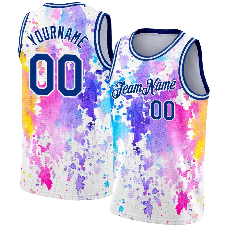 Basketball Jersey With Player Nicknames-Custom White Royal 3D Pattern Design Watercolor Splash Authentic Basketball Jersey