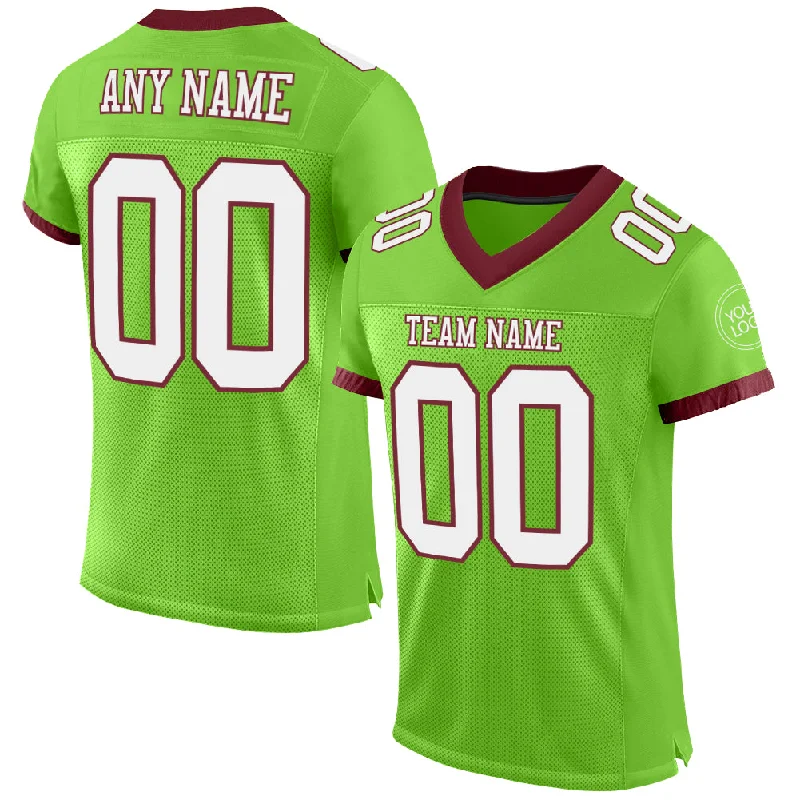 Football Jersey With High-End Materials-Custom Neon Green White-Burgundy Mesh Authentic Football Jersey