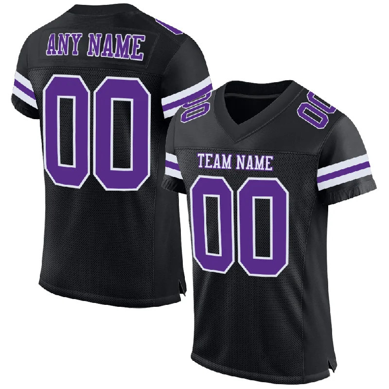 Football Jersey With Adjustable Fit-Custom Black Purple-White Mesh Authentic Football Jersey