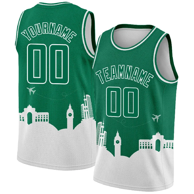 Basketball Jersey With Ribbed Armholes-Custom Kelly Green White Holiday Travel Monuments Silhouette Authentic City Edition Basketball Jersey