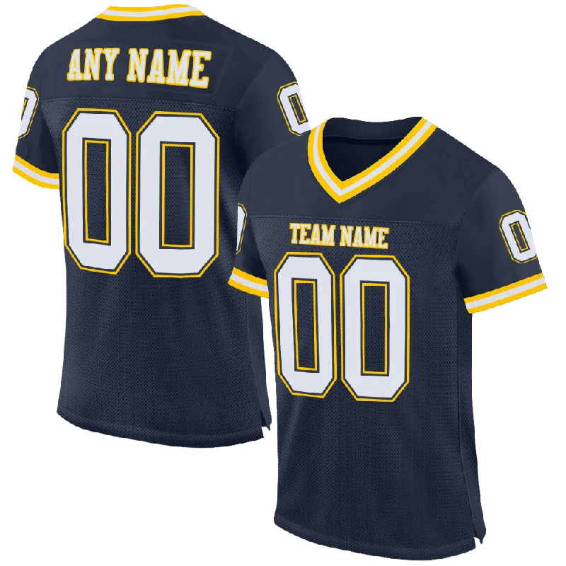 Football Jersey For Indoor Matches-Custom Navy White-Gold Mesh Authentic Throwback Football Jersey