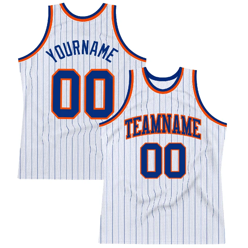 Basketball Jersey With High Durability-Custom White Royal Pinstripe Royal-Orange Authentic Basketball Jersey