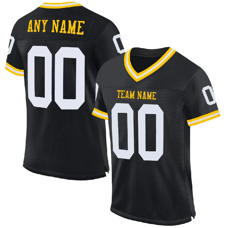 Football Jersey For Offensive Linemen-Custom Black White-Gold Mesh Authentic Throwback Football Jersey