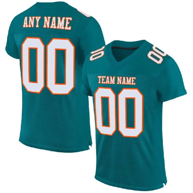 Football Jersey With Elastic Armholes-Custom Teal White-Orange Mesh Authentic Football Jersey