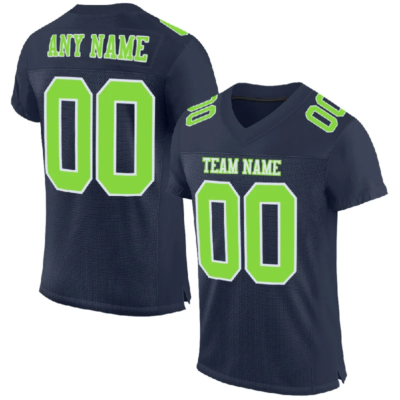 Football Jersey With Bold Graphic Print-Custom Navy Neon Green-White Mesh Authentic Football Jersey