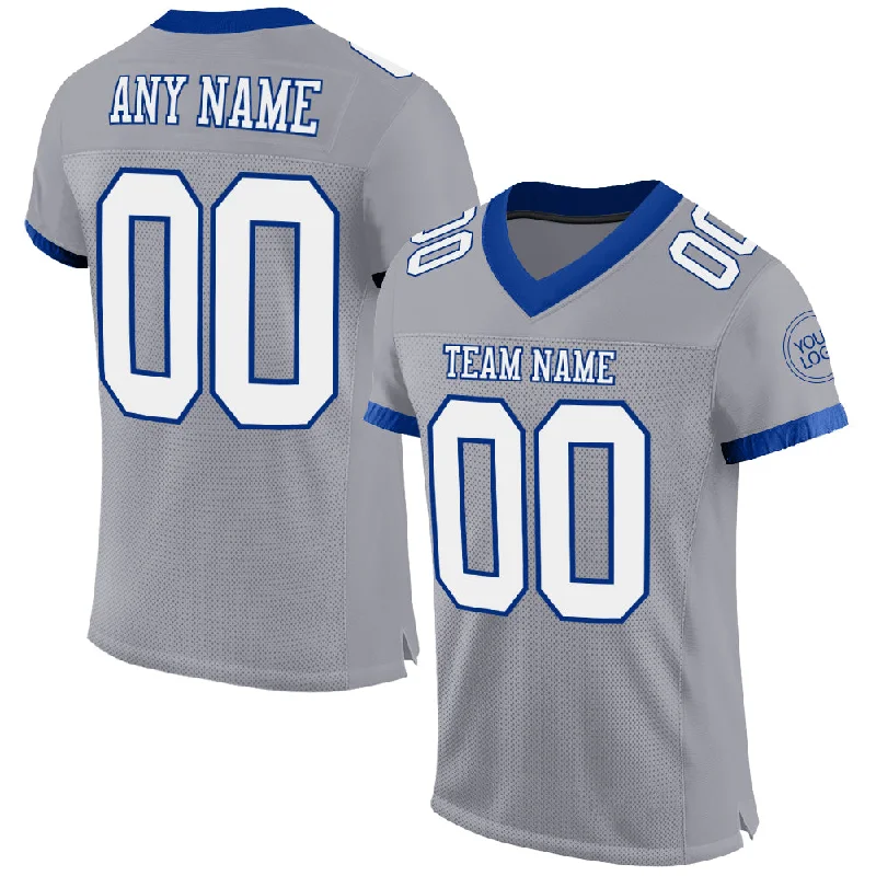 Football Jersey With Temperature Control-Custom Gray White-Royal Mesh Authentic Football Jersey