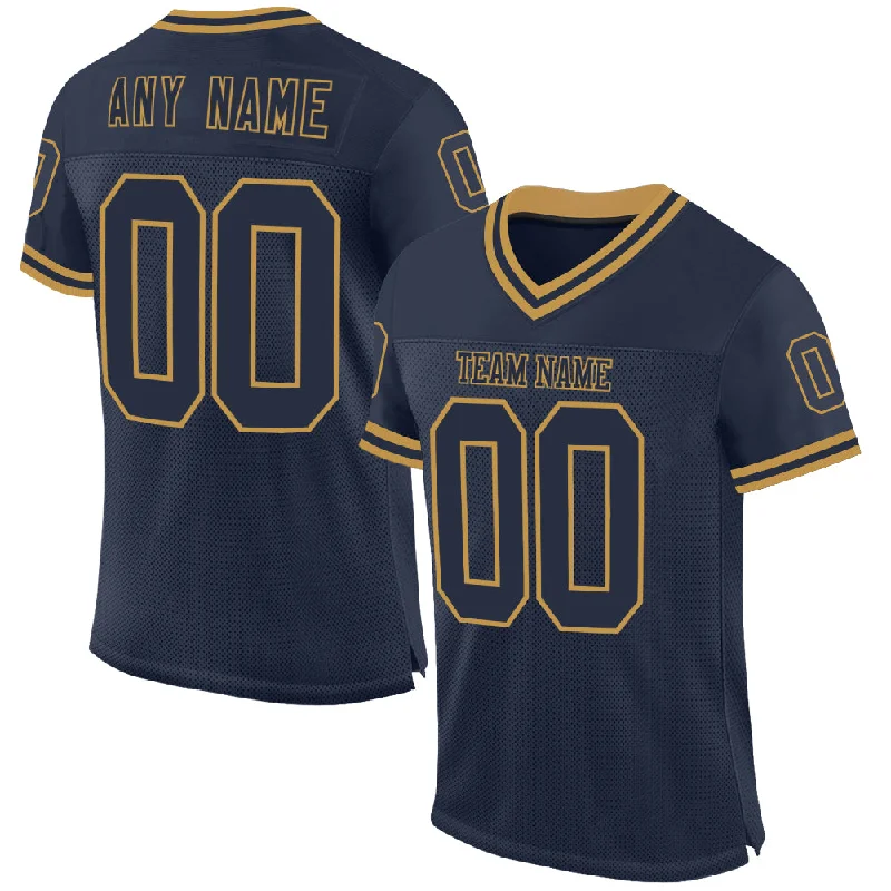 Football Jersey With Floral Patterns-Custom Navy Old Gold Mesh Authentic Throwback Football Jersey