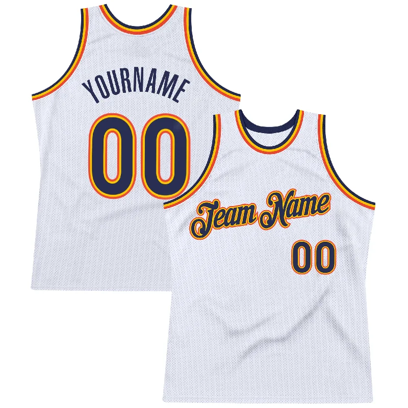 Basketball Jersey With Laser-Cut Perforations-Custom White Navy-Orange Authentic Throwback Basketball Jersey