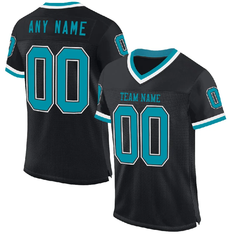 Football Jersey With Hip-Hop Vibe-Custom Black Teal-White Mesh Authentic Throwback Football Jersey