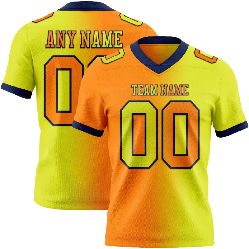 Football Jersey With Tie-Dye Design-Custom Neon Yellow Bay Orange-Navy Mesh Authentic Gradient Fashion Football Jersey