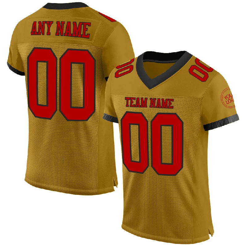 Football Jersey With Custom Artwork-Custom Old Gold Red-Black Mesh Authentic Football Jersey