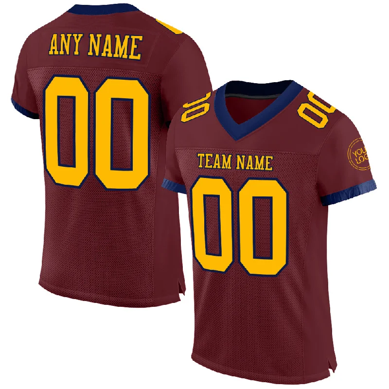 Football Jersey For Training-Custom Burgundy Gold-Navy Mesh Authentic Football Jersey