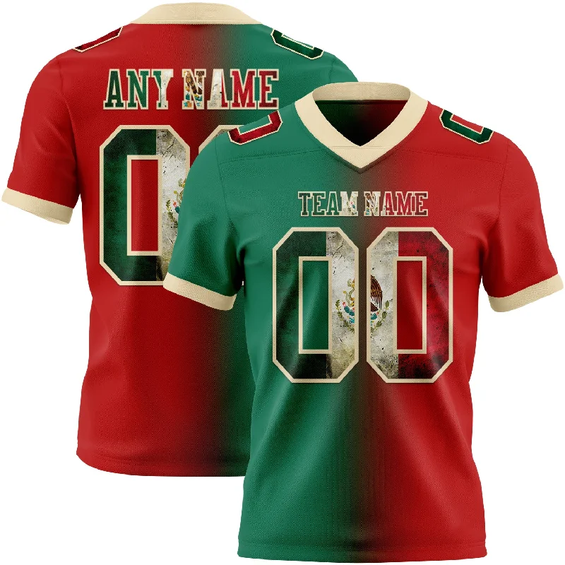 Football Jersey With Vintage Look-Custom Red Vintage Mexican Flag Kelly Green-Cream Mesh Authentic Gradient Fashion Football Jersey