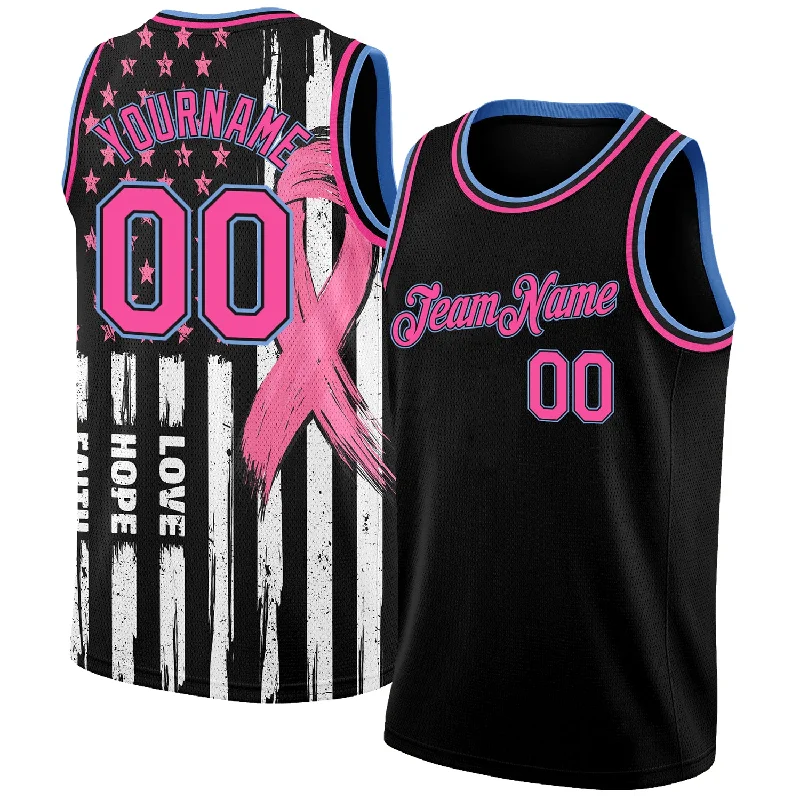 Basketball Jersey With Motion-Flex Tech-Custom Black Pink-Light Blue 3D American Flag Fashion With Pink Ribbon Breast Cancer Awareness Month Women Health Care Support Authentic Basketball Jersey