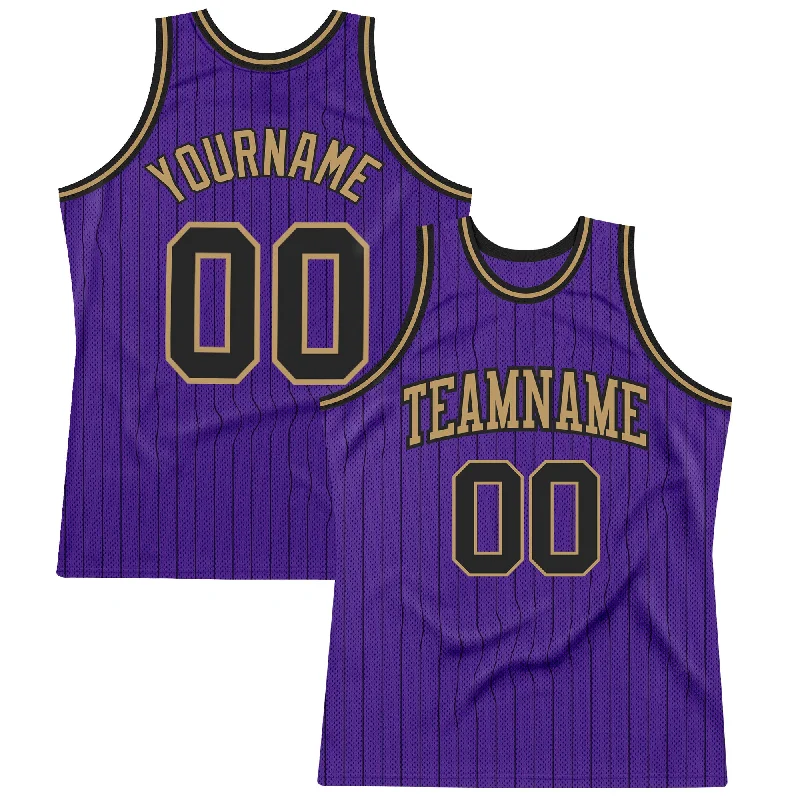 Basketball Jersey With Lightweight Padding-Custom Purple Black Pinstripe Black-Old Gold Authentic Basketball Jersey