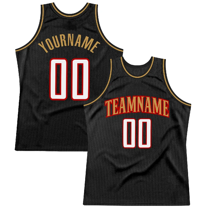 Basketball Jersey With Ventilated Side Panels-Custom Black White Red-Old Gold Authentic Throwback Basketball Jersey