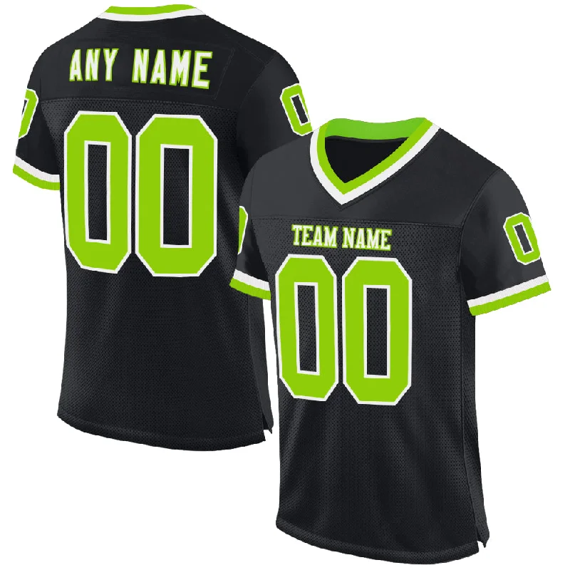 Football Jersey With Recycled Polyester-Custom Black Neon Green-White Mesh Authentic Throwback Football Jersey