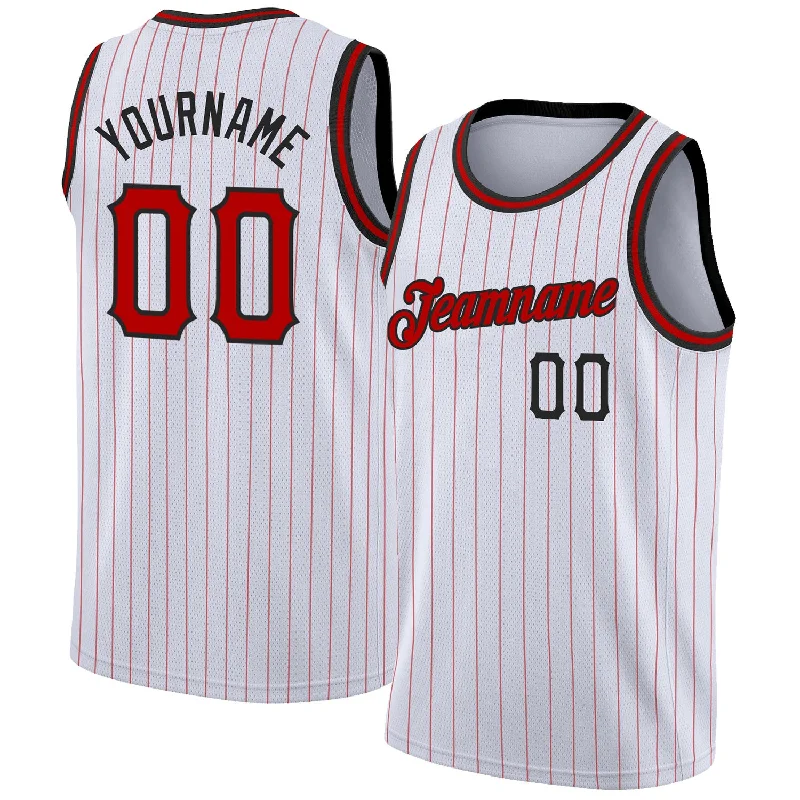 Basketball Jersey With Sweat-Wicking Tech-Custom White Red Pinstripe Red-Black Authentic Basketball Jersey